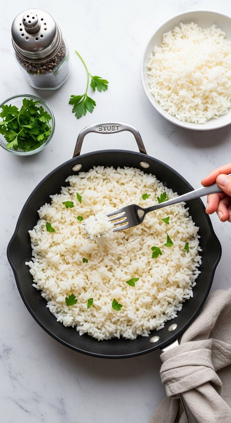Top-Down Flat Lay Of A Fork Fluffing Fluffy White Rice In A Skillet On Marble.