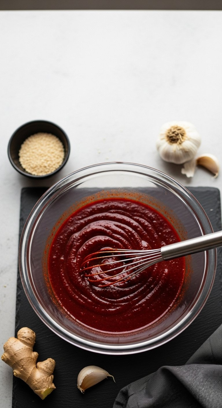 Top-Down Flat Lay Of A Glass Mixing Bowl Filled With Vibrant Red Korean Marinade On A Dark Slate Surface.