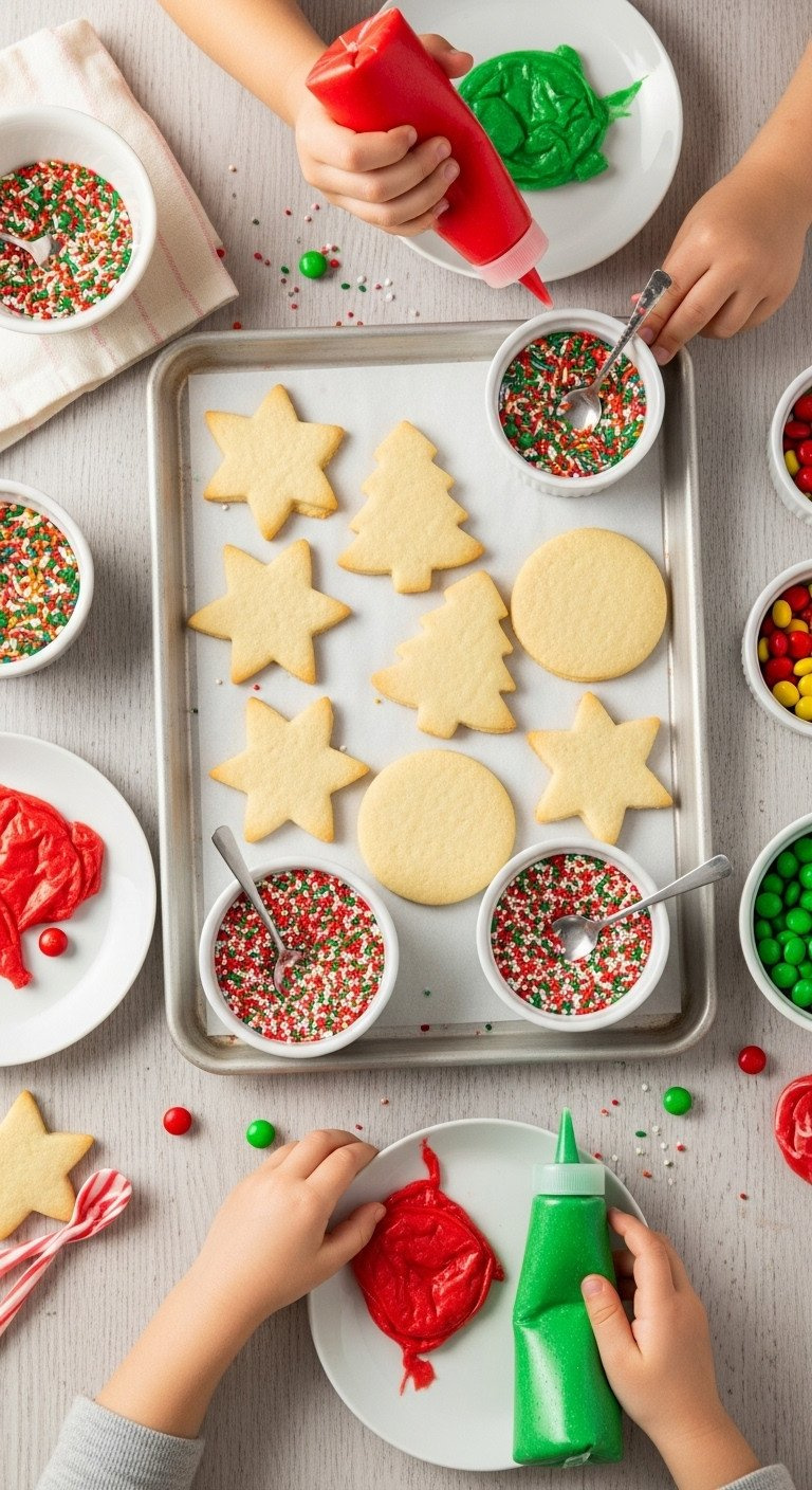 Top-Down Flat Lay Of A Kid's Christmas Cookie Decorating Station With Sugar Cookies, Icing Bottles, And Colorful Sprinkles.