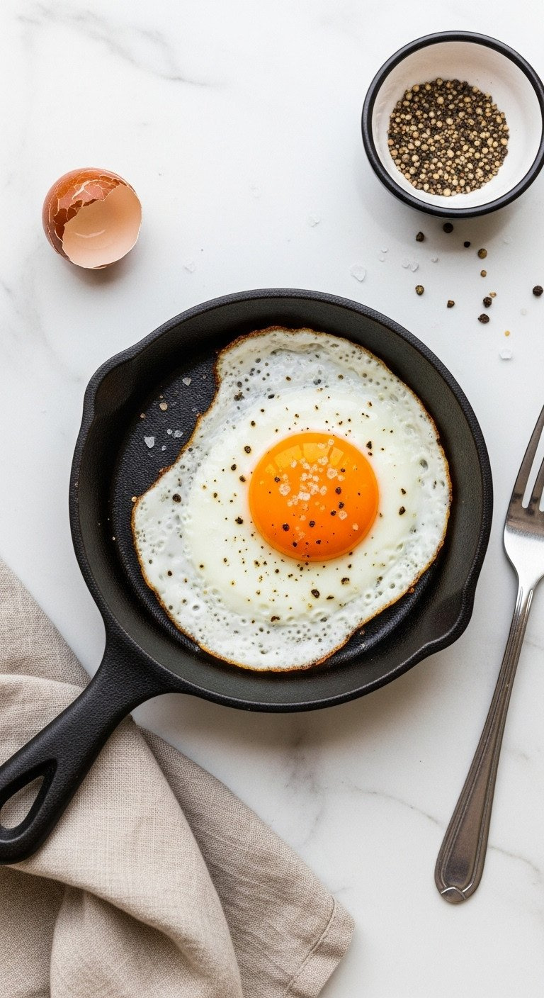 Top-Down Flat Lay Of A Perfect Sunny-Side Up Fried Egg In A Black Cast-Iron Skillet On A White Marble Countertop.