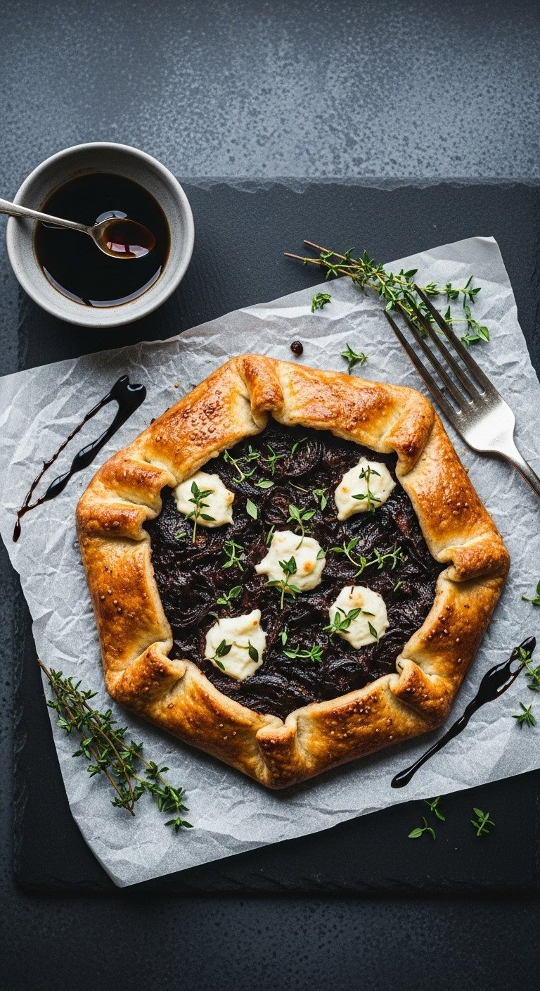 Top-Down Flat Lay Of A Rustic Caramelized Onion And Goat Cheese Galette On Parchment Paper, A Savory Tart Recipe Idea.