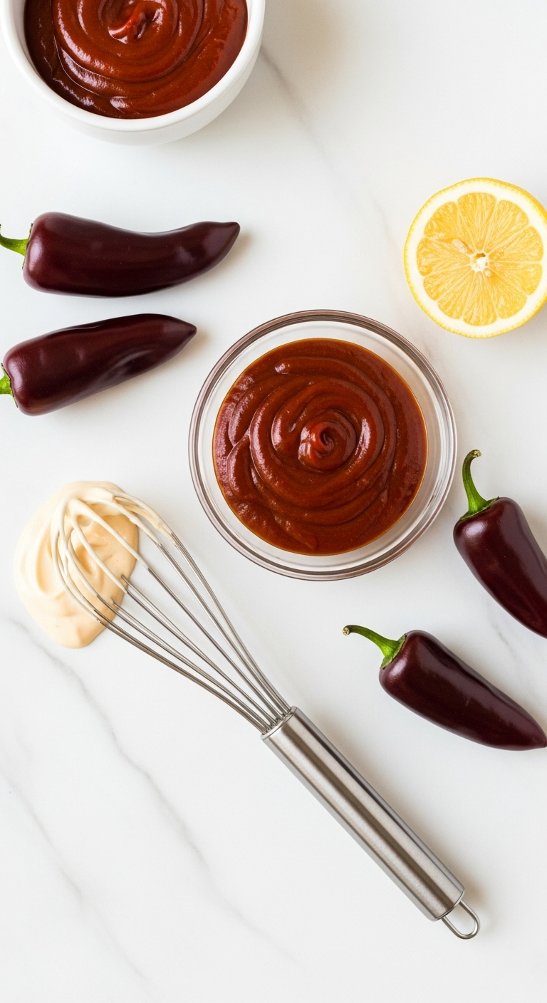 Top-Down Flat Lay Of A Small Glass Bowl Of Chipotle Mayo With A Whisk, Whole Chipotle Peppers In Adobo, And A Halved Lemon Arranged On A White Marble Surface In Bright Kitchen Lighting