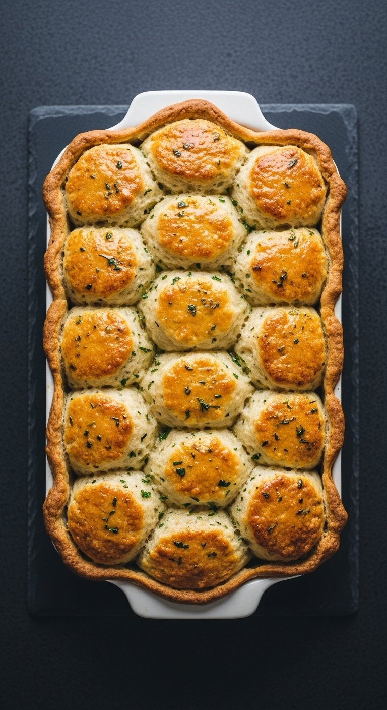 Top-Down Flat Lay Of Baked Chicken Pot Pie With Golden Cheddar Bay Biscuit Crust On Dark Slate.