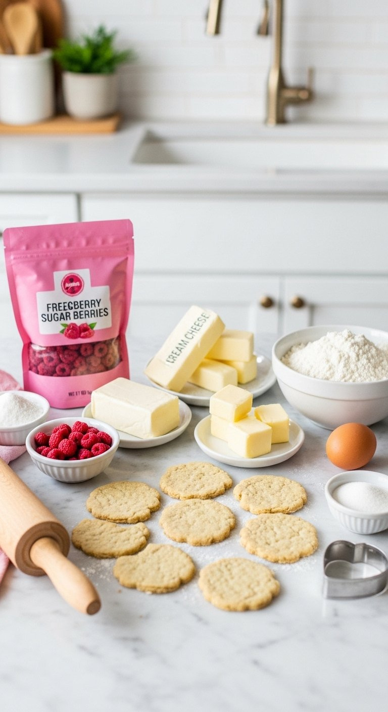 Top-Down Flat Lay Of Baking Ingredients For Raspberry Sugar Cookies On Marble With Rolling Pin.