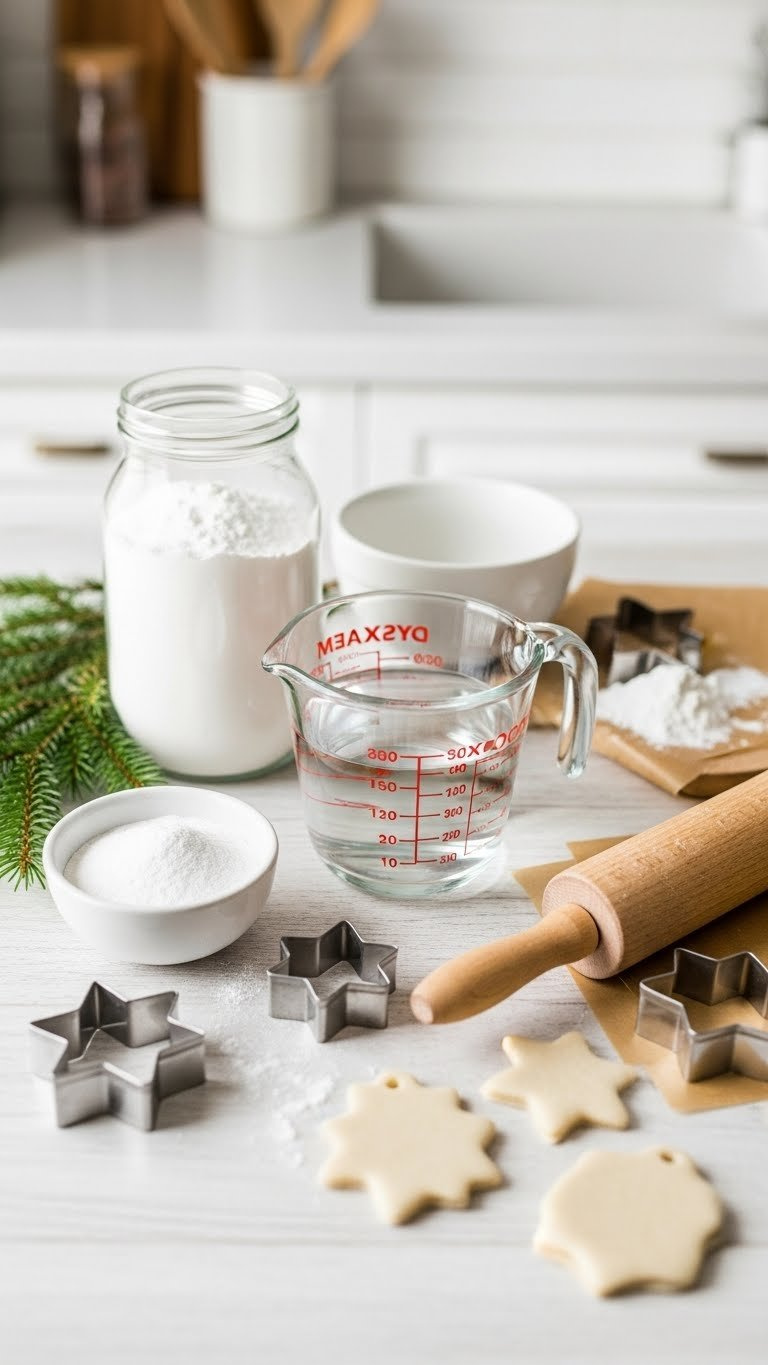 Top-Down Flat Lay Of Baking Soda Christmas Ornaments Ingredients Including White Baking Soda, Cornstarch, Water, Rolling Pin And Cookie Cutters On Light Wooden Surface
