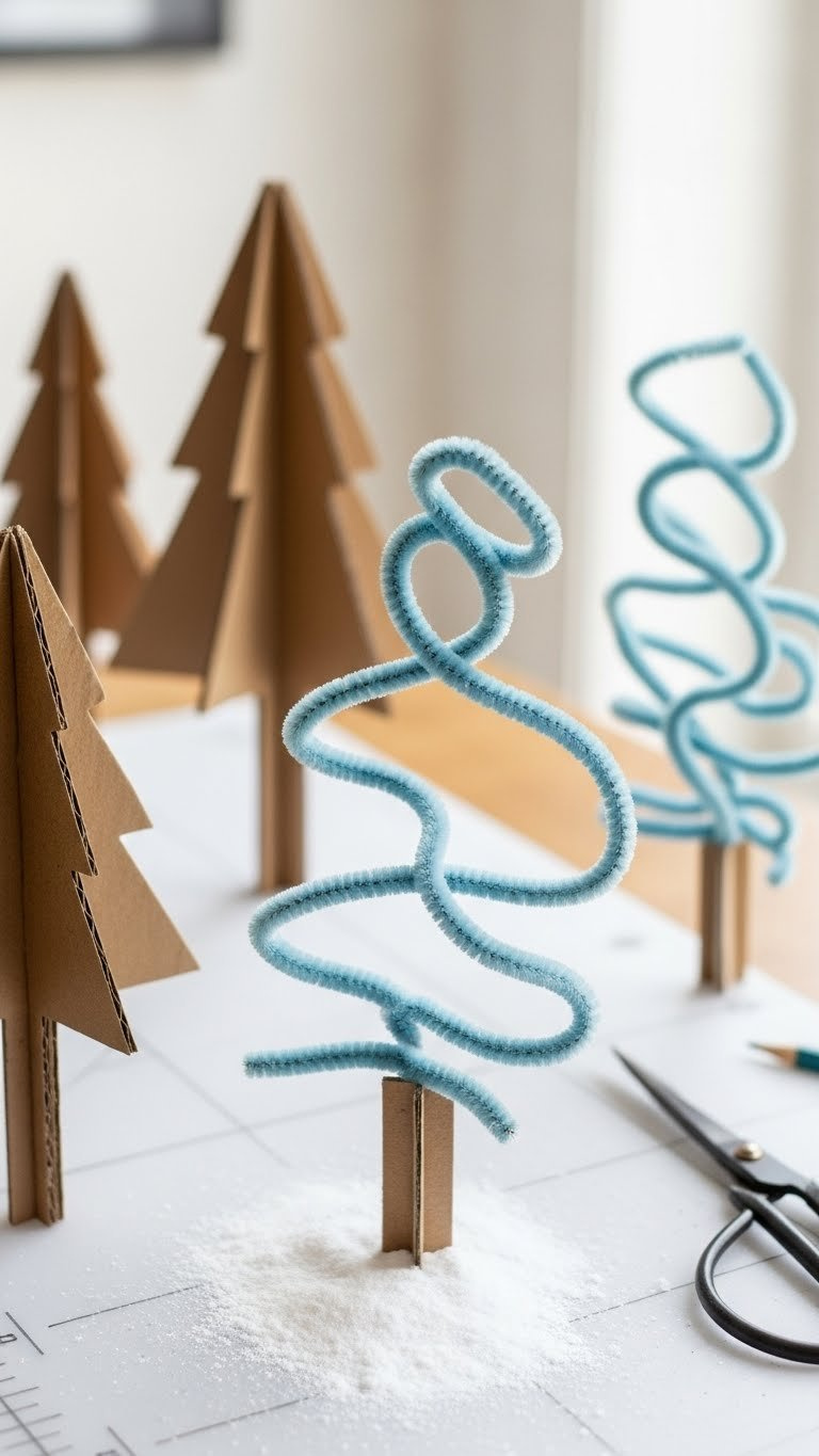 Top-Down Flat Lay Of Baking Soda Crystal Tree Templates Arranged On White Cutting Mat With Scissors And Pencil For Craft Preparation