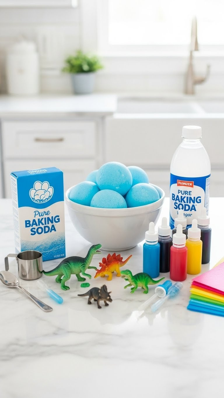 Top-Down Flat Lay Of Baking Soda Dinosaur Egg Supplies Including Mixing Bowl, Baking Soda, Vinegar, Plastic Dinosaurs, And Food Coloring On Marble Countertop