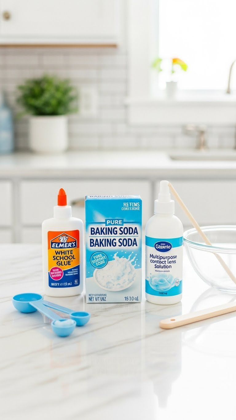 Top-Down Flat Lay Of Baking Soda Slime Ingredients Including Elmer's Glue, Baking Soda Box, And Contact Lens Solution On White Marble Countertop