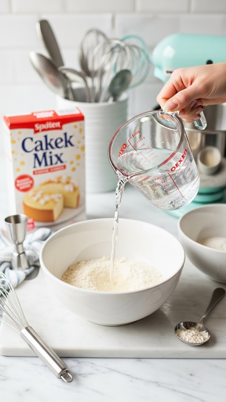 Top-Down Flat Lay Of Baking Station: Seltzer Water Pouring Into Bowl, Cake Mix, Whisk, Spoon, Marble Countertop, Bright Daylight.