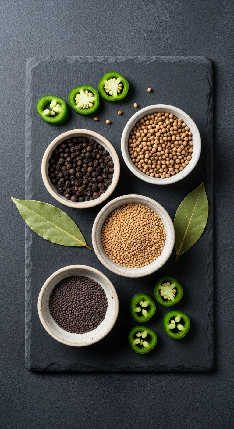 Top Down Flat Lay Of Ceramic Bowls With Black Peppercorns Coriander Mustard Seeds And A Bay Leaf On Slate With Jalapeño Slices