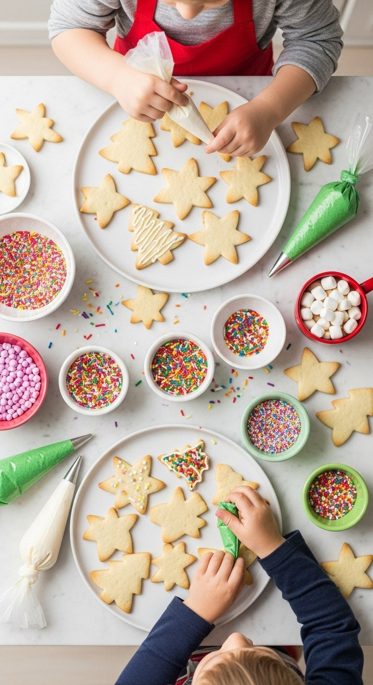 Top-Down Flat Lay Of Children's Hands Decorating Christmas Sugar Cookies With Colorful Icing And Rainbow Sprinkles.