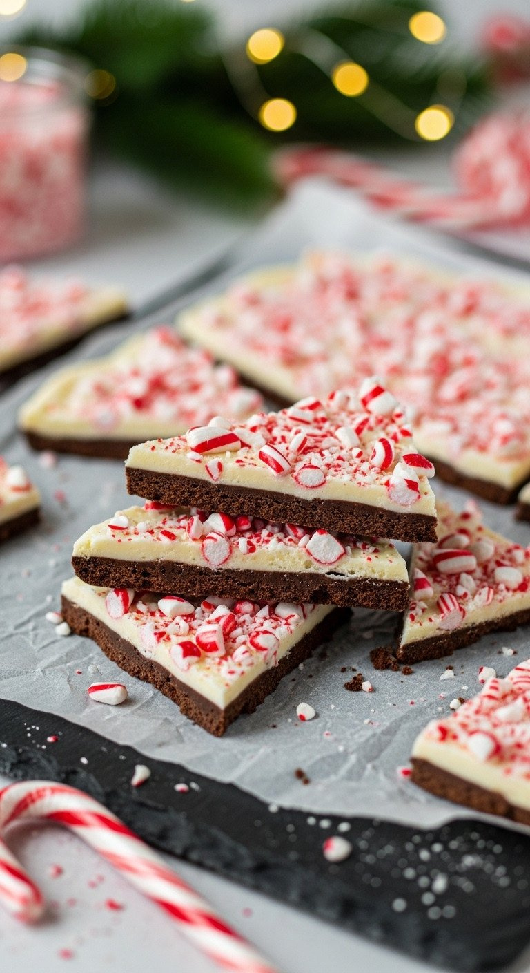 Top-Down Flat Lay Of Classic Layered Peppermint Bark On Parchment, With Rich Dark And White Chocolate Layers.