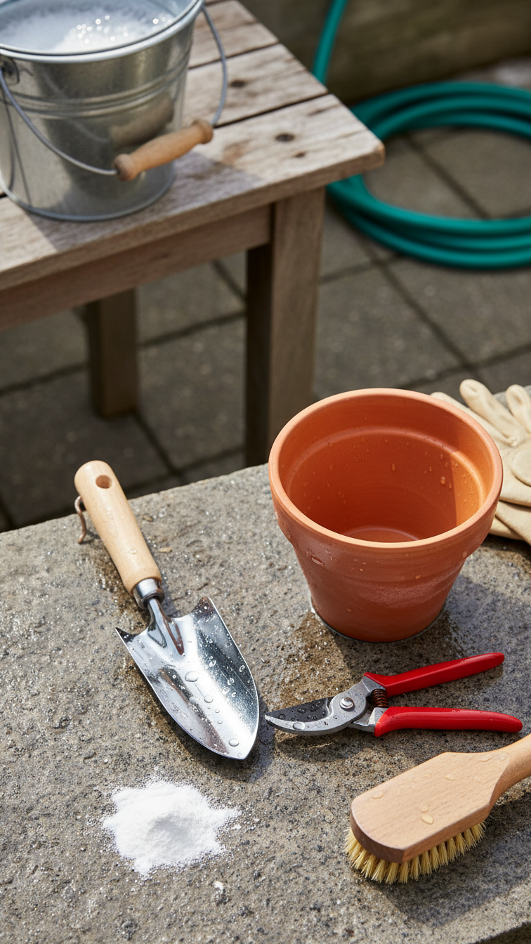 Top-Down Flat Lay Of Clean Garden Tools With Baking Soda Pile And Scrub Brush On Rustic Wooden Table