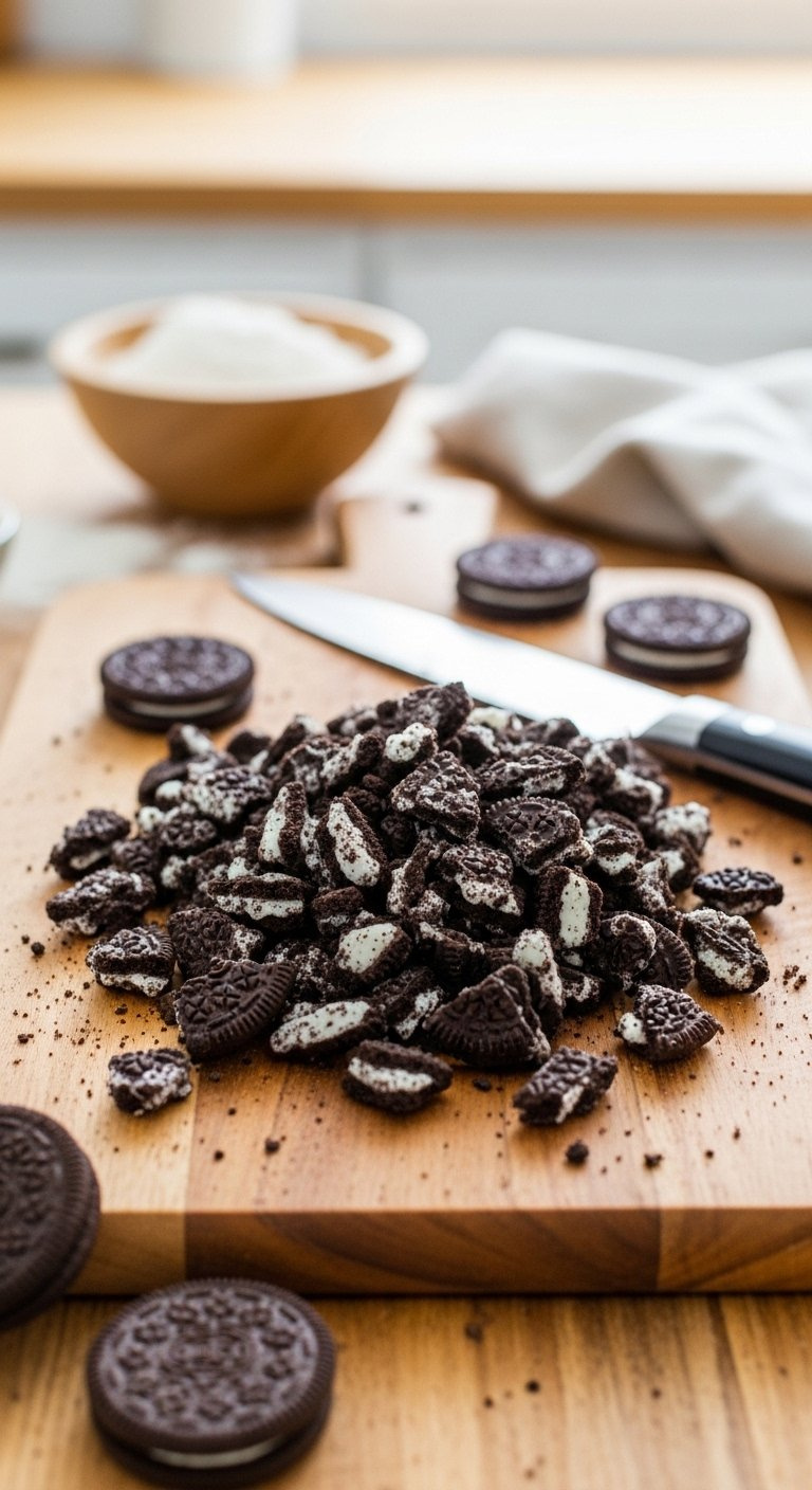 Top-Down Flat Lay Of Coarsely Chopped Oreo Cookies With Cream Filling On A Rustic Wooden Cutting Board.