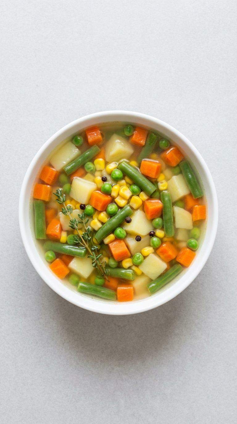 Top-Down Flat Lay Of Colorful Instant Pot Vegetable Soup With Carrots, Green Beans, Peas, Corn, And Potatoes In White Ceramic Bowl