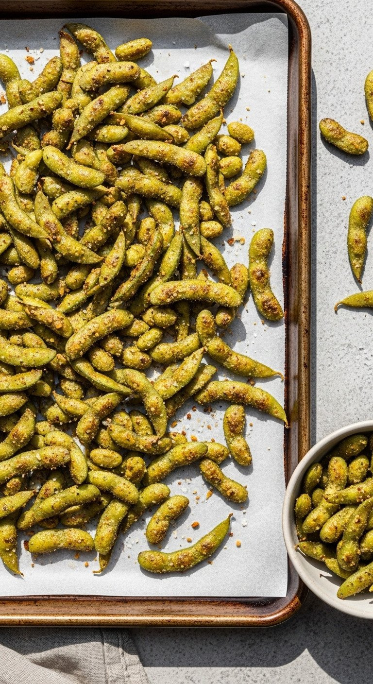 Top-Down Flat Lay Of Crispy Roasted Edamame Beans Seasoned With Garlic And Salt, Spread On A Parchment-Lined Baking Sheet.