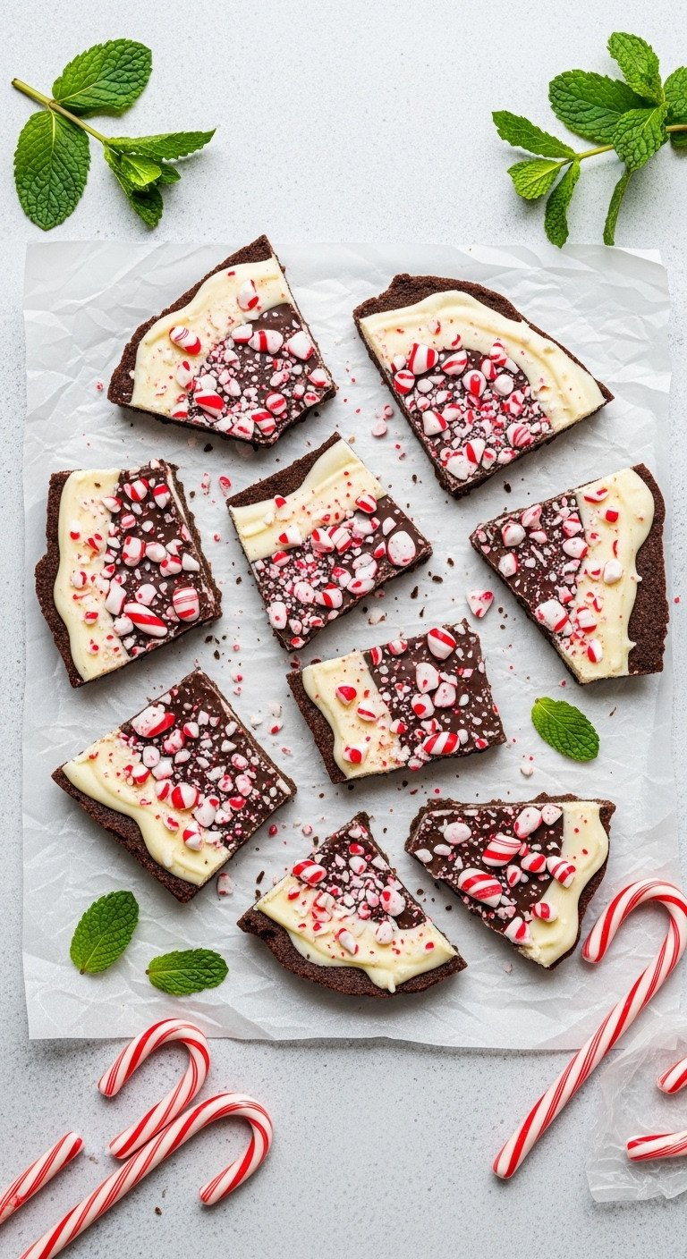 Top-Down Flat Lay Of Dairy-Free Peppermint Bark Pieces With Crushed Candy Canes On Parchment Paper With A Sprig Of Mint.