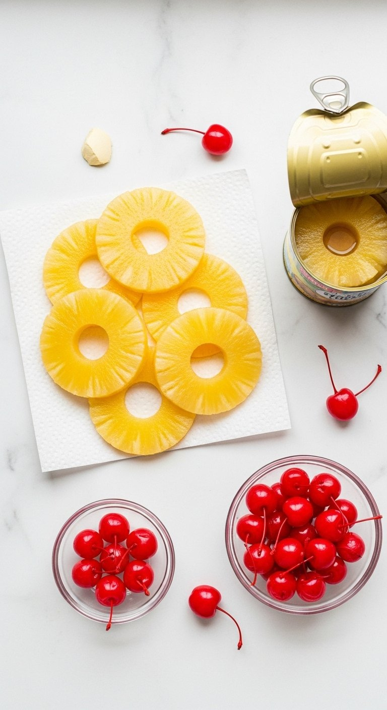 Top-Down Flat Lay Of Dried Pineapple Rings And Maraschino Cherries On A White Marble Countertop.