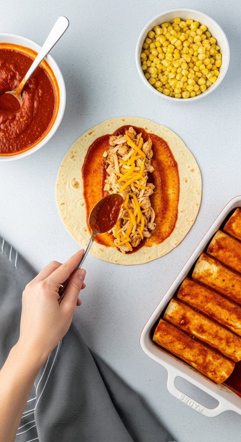Top-Down Flat Lay Of Enchilada Assembly Line Showing Sauce Filling And Rolled Tortillas In A Baking Dish.