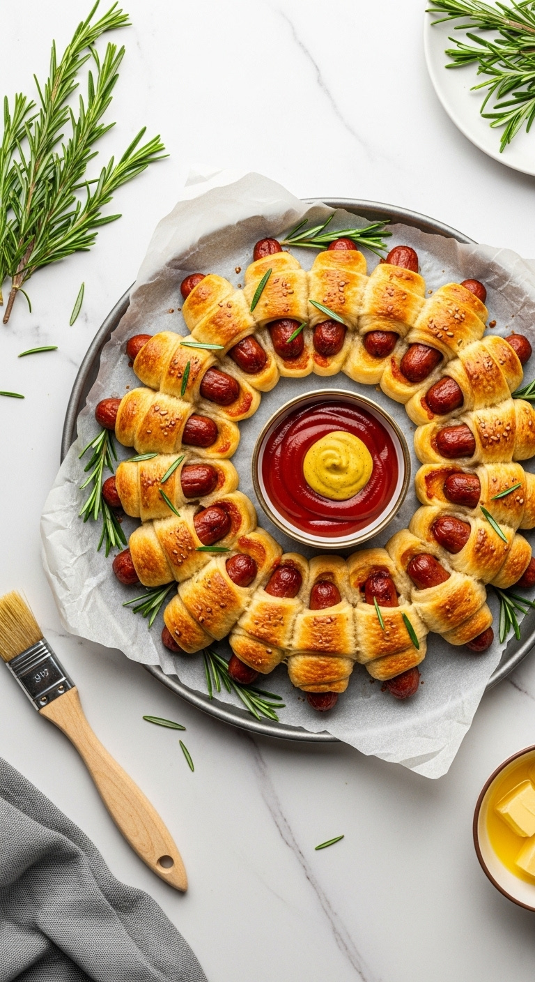 Top-Down Flat Lay Of Festive Pigs In A Blanket Wreath On A Baking Sheet With Rosemary And Bowls Of Ketchup And Mustard