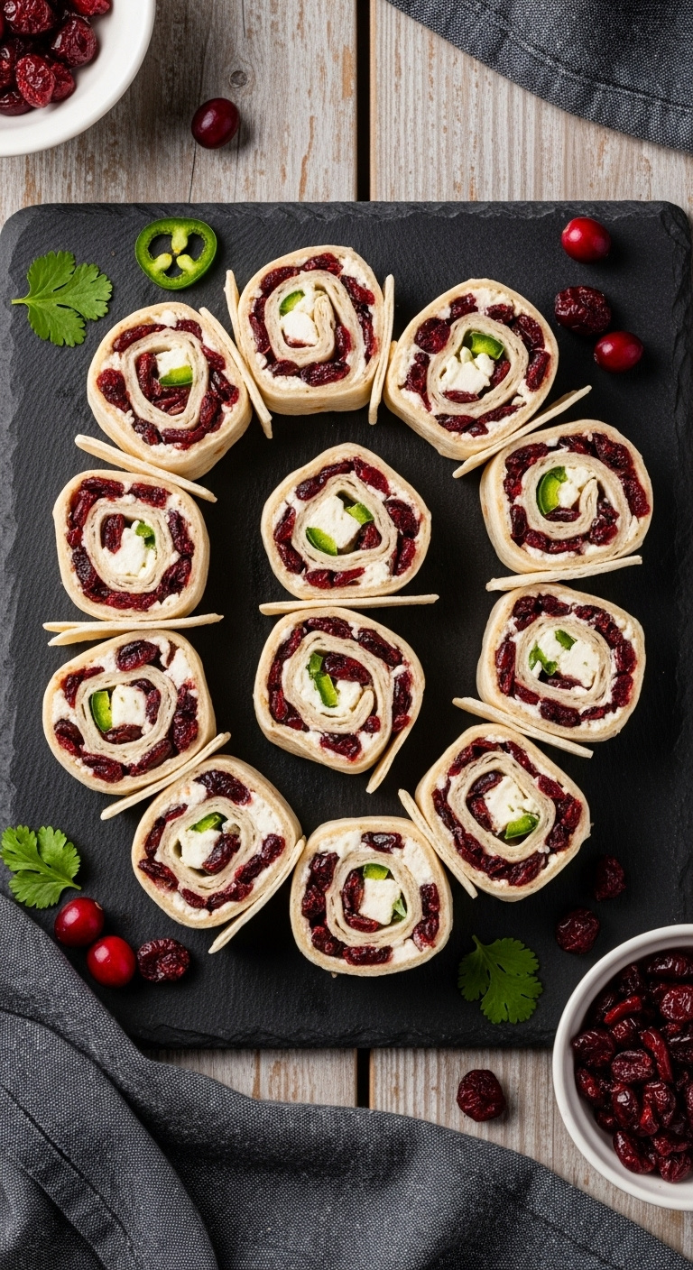Top-Down Flat Lay Of Festive Pinwheels With Cranberry And Feta Arranged On A Rustic Slate Board With Extra Cranberry Filling And Fresh Cranberries