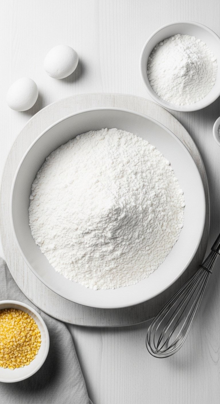 Top Down Flat Lay Of Fine White Potato And Cornstarch Powder Mix In A Wide Shallow Bowl.
