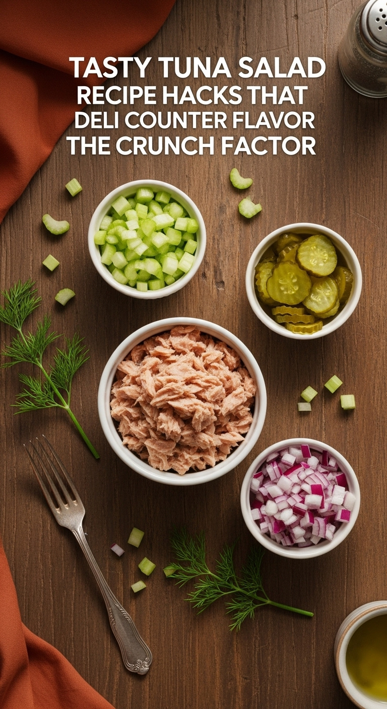 Top-Down Flat Lay Of Flaked Tuna, Diced Celery, Red Onion, And Sweet Pickle Relish In Bowls On A Rustic Wood Table