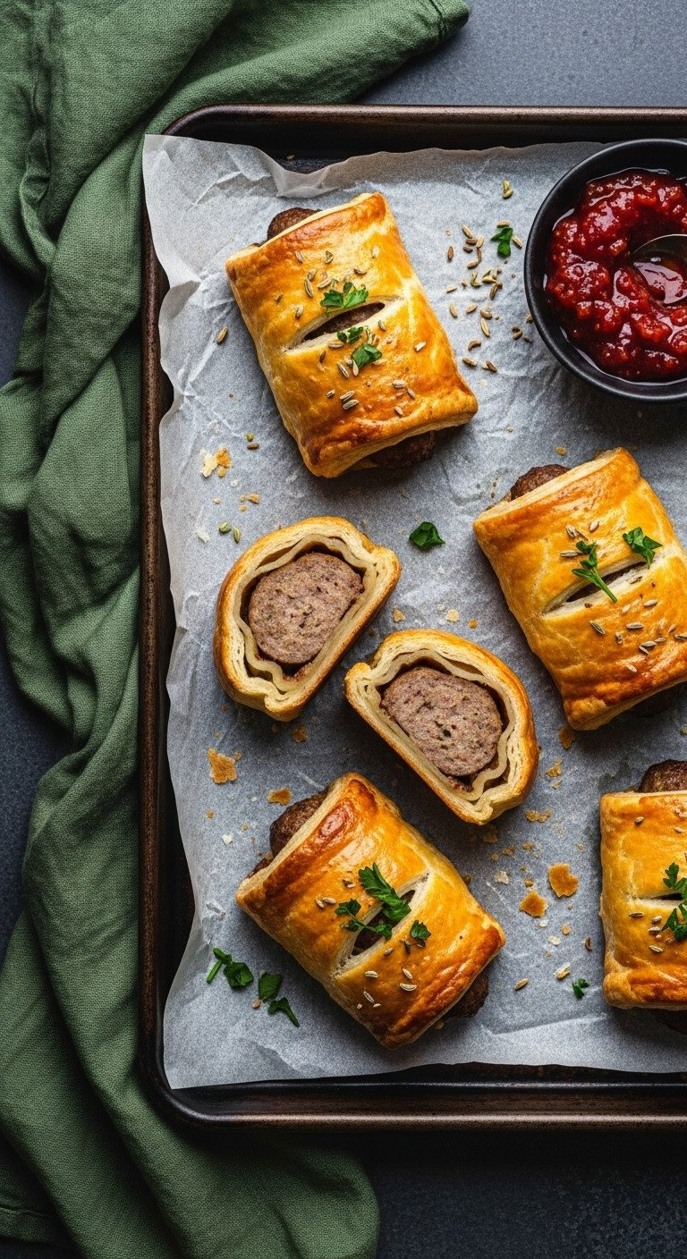 Top-Down Flat Lay Of Flaky, Golden-Brown Sausage Rolls On A Baking Sheet With A Small Bowl Of Festive Chutney For Dipping.
