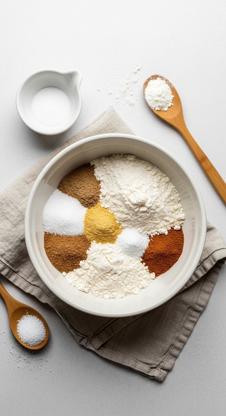 Top-Down Flat Lay Of Flour Baking Soda And Salt In A White Ceramic Bowl On A Light Linen Tablecloth With A Wooden Spoon.