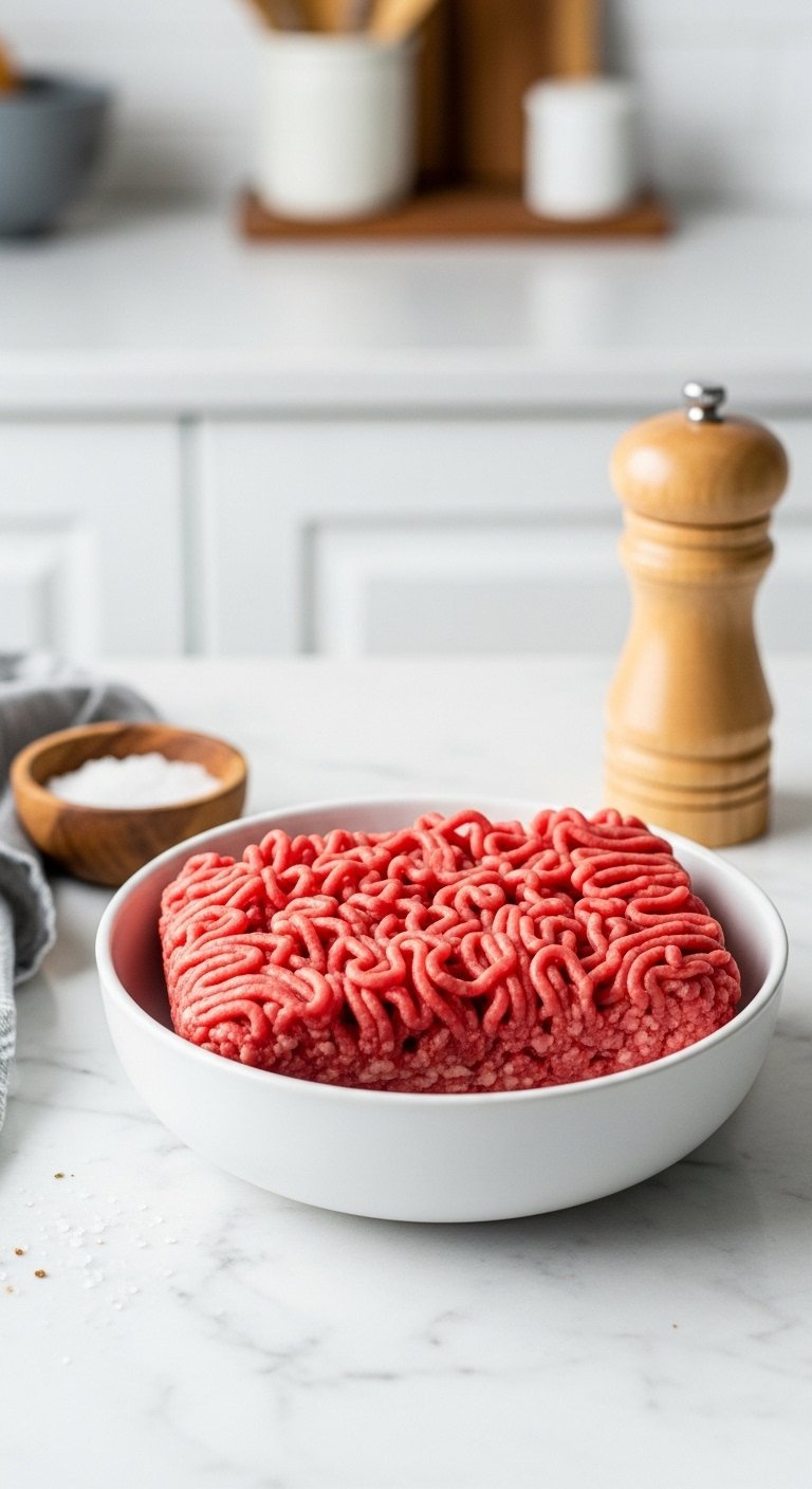 Top-Down Flat Lay Of Fresh 85/15 Ground Beef In A White Ceramic Bowl On Marble With Salt And Pepper.