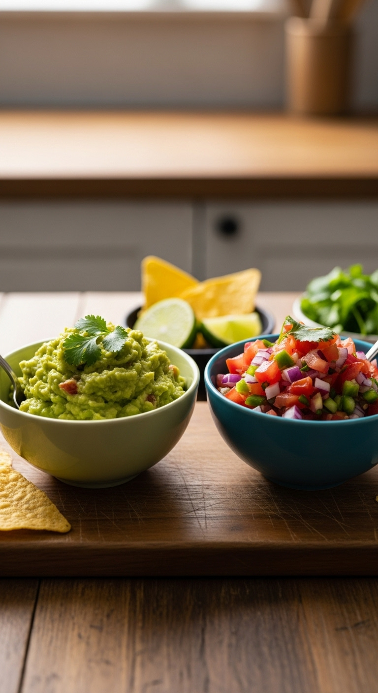 Top Down Flat Lay Of Fresh Guacamole And Pico De Gallo In Bowls On Rustic Wood Board With Tortilla Chips And Lime Wedge