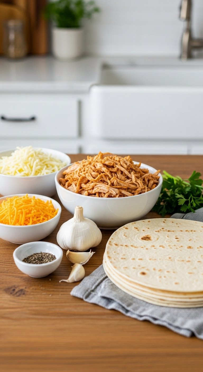 Top-Down Flat Lay Of Fresh Ingredients For Cheesy Garlic Chicken Wraps On A Rustic Wooden Table Including Shredded Chicken, Cheese, Garlic, And Tortillas.