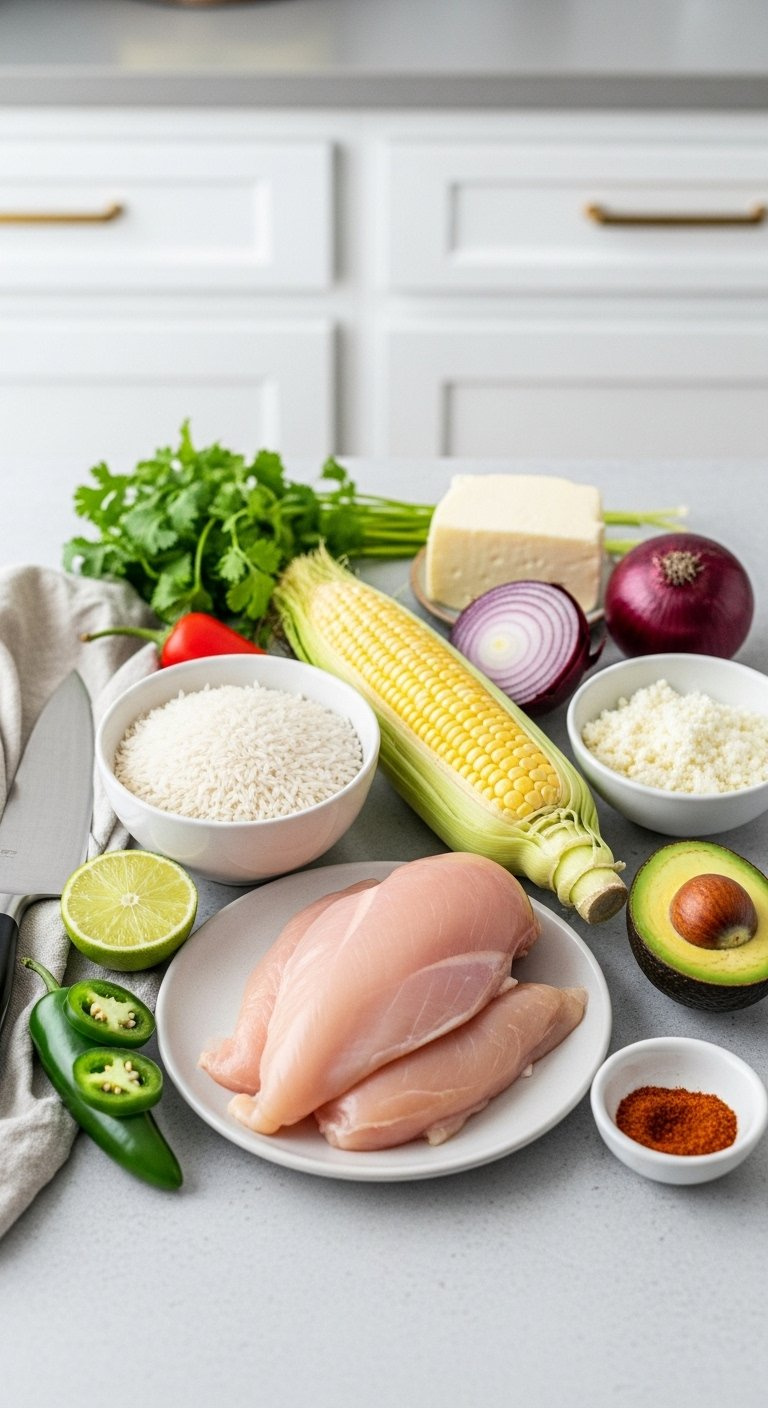 Top-Down Flat Lay Of Fresh Ingredients For Street Corn Chicken Rice Bowl On A Light Countertop.