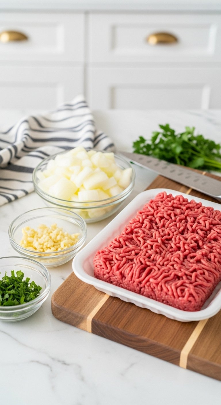Top-Down Flat Lay Of Fresh Lean Ground Beef, Diced Yellow Onion, And Minced Garlic In Glass Bowls On A Wooden Cutting Board.