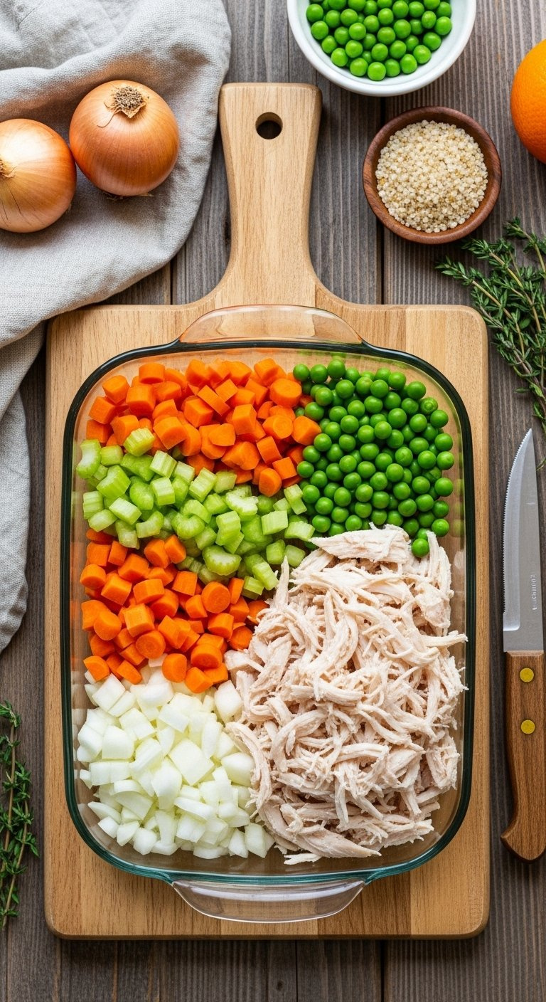 Top-Down Flat Lay Of Fresh Mirepoix Vegetables And Shredded Rotisserie Chicken On A Wooden Cutting Board.