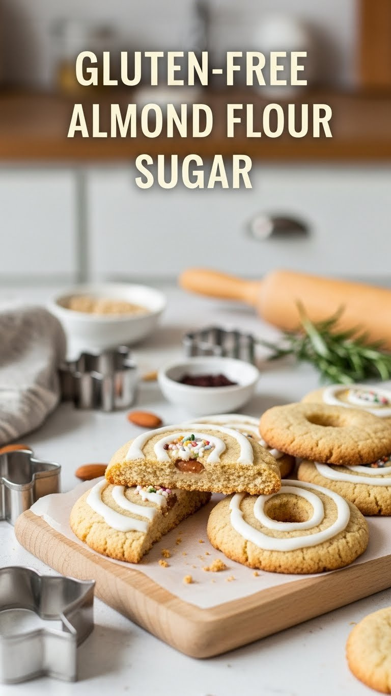 Top-Down Flat Lay Of Gluten-Free Almond Flour Sugar Cookies With Golden-Brown Edges On Wooden Cutting Board