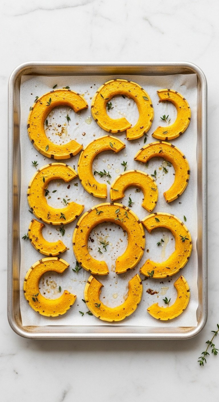 Top-Down Flat Lay Of Golden-Brown Roasted Delicata Squash Slices On A Parchment-Lined Baking Sheet On A Marble Top.