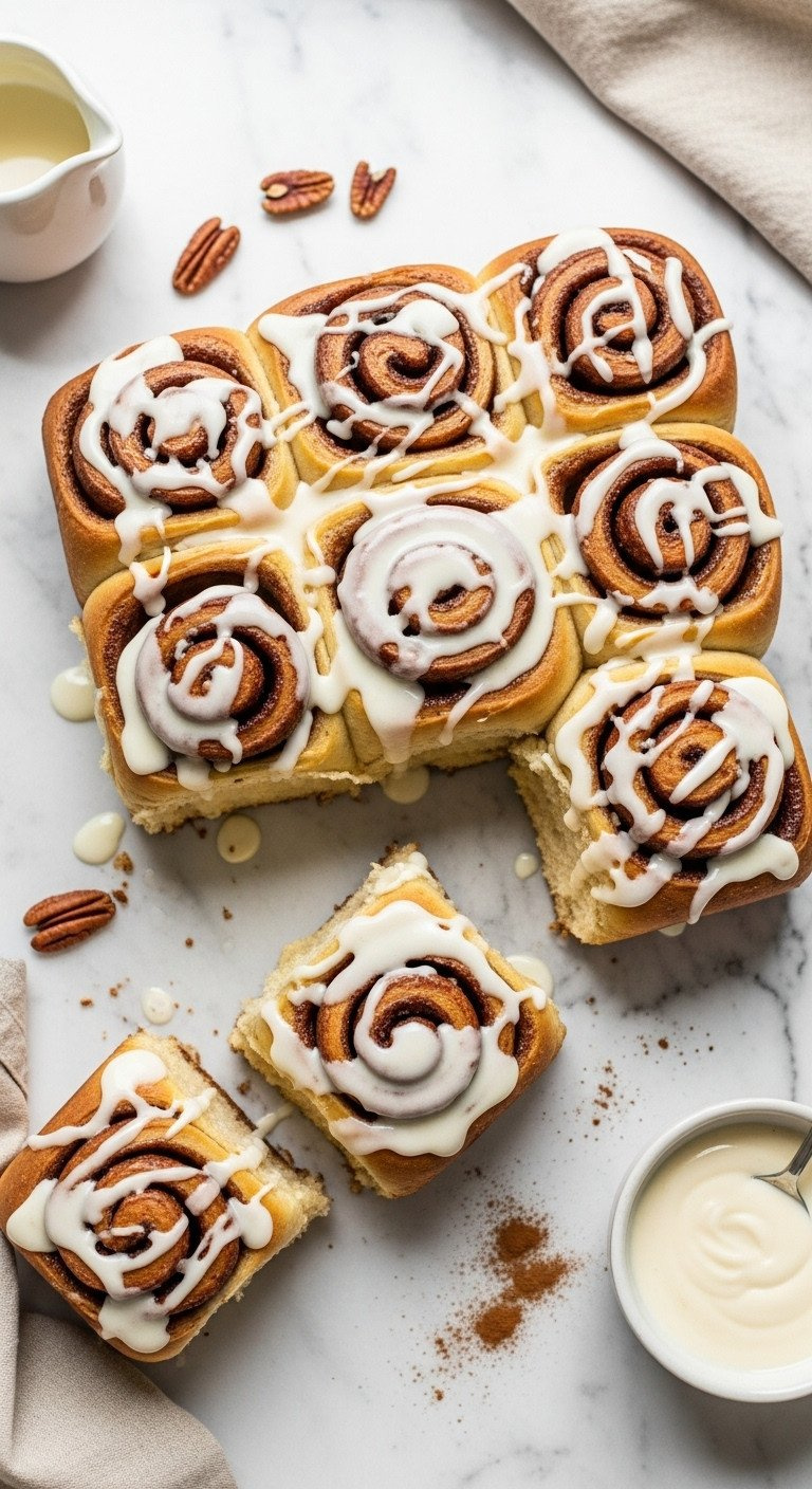 Top-Down Flat Lay Of Gooey Overnight Cinnamon Rolls Fresh From The Oven, Drizzled With Thick Cream Cheese Icing.