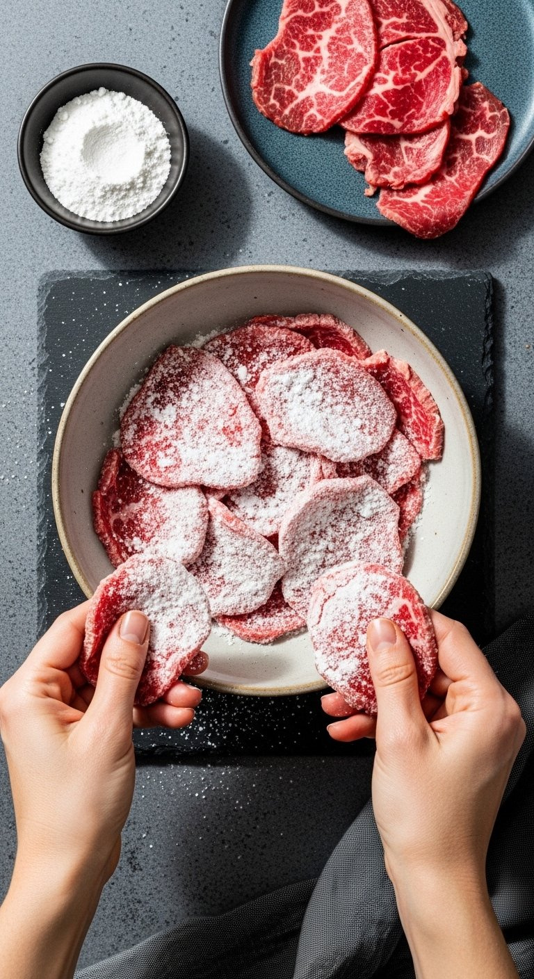 Top-Down Flat Lay Of Hands Coating Sliced Beef In White Cornstarch On A Dark Slate Surface.