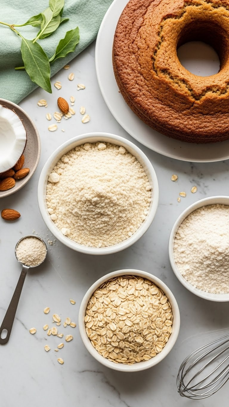 Top-Down Flat Lay Of Healthy Flour Alternatives Including Almond Flour, Rolled Oats, And Coconut Flour Arranged Aesthetically On Marble Countertop