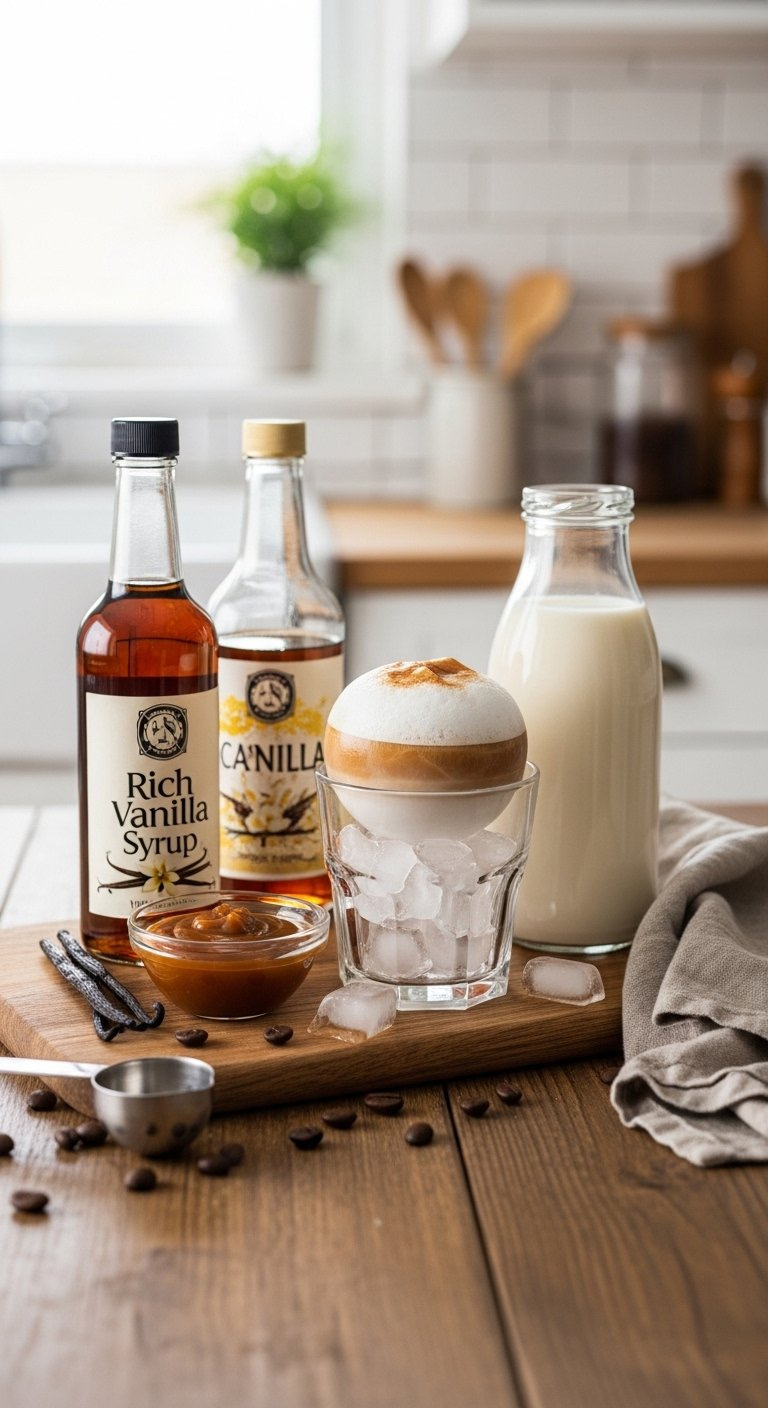 Top-Down Flat Lay Of Homemade Iced Caramel Macchiato Ingredients Including Vanilla Syrup, Caramel Sauce, Ice, Milk, And Coffee Beans On Rustic Wood.