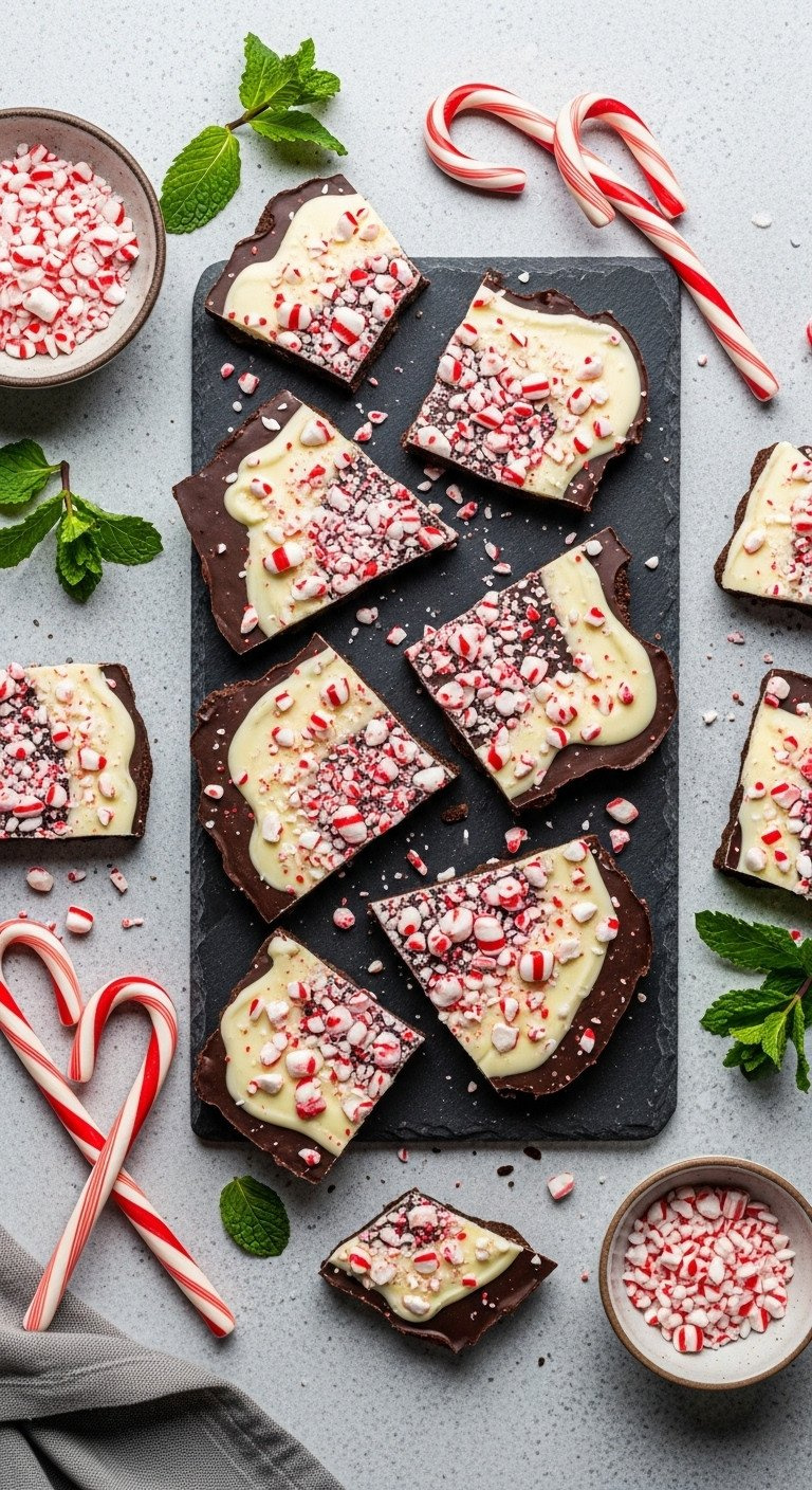 Top-Down Flat Lay Of Homemade Peppermint Bark Pieces On A Slate Board, Layered With Dark And White Chocolate And Candy Canes.