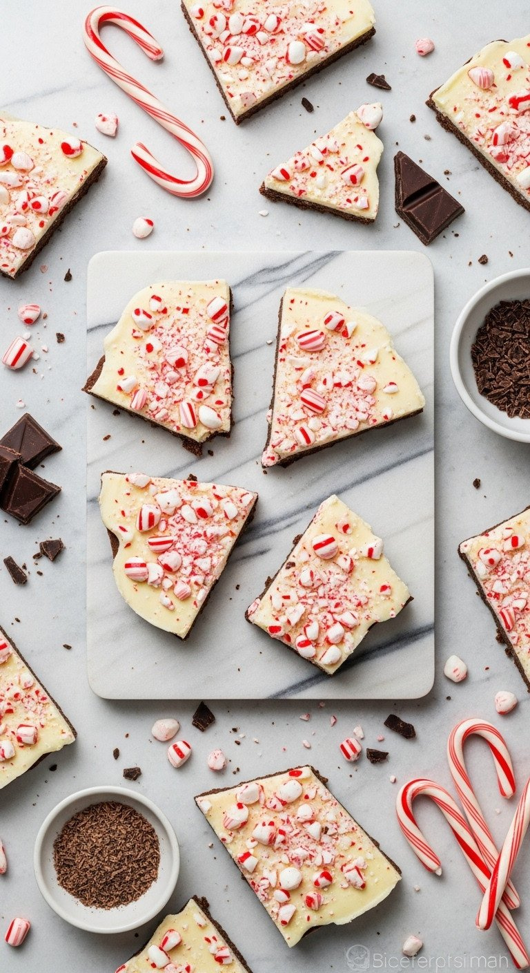 Top-Down Flat Lay Of Homemade Peppermint Bark Pieces With Dark And White Chocolate Layers, Topped With Crushed Candy Canes.