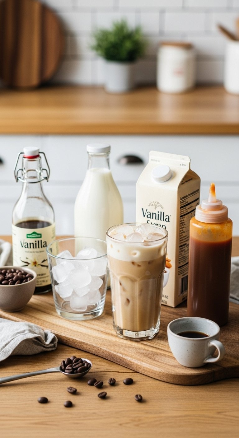 Top-Down Flat Lay Of Iced Caramel Macchiato Ingredients Including Espresso Beans, Milk, Vanilla Syrup, And Caramel Sauce On Rustic Wood.