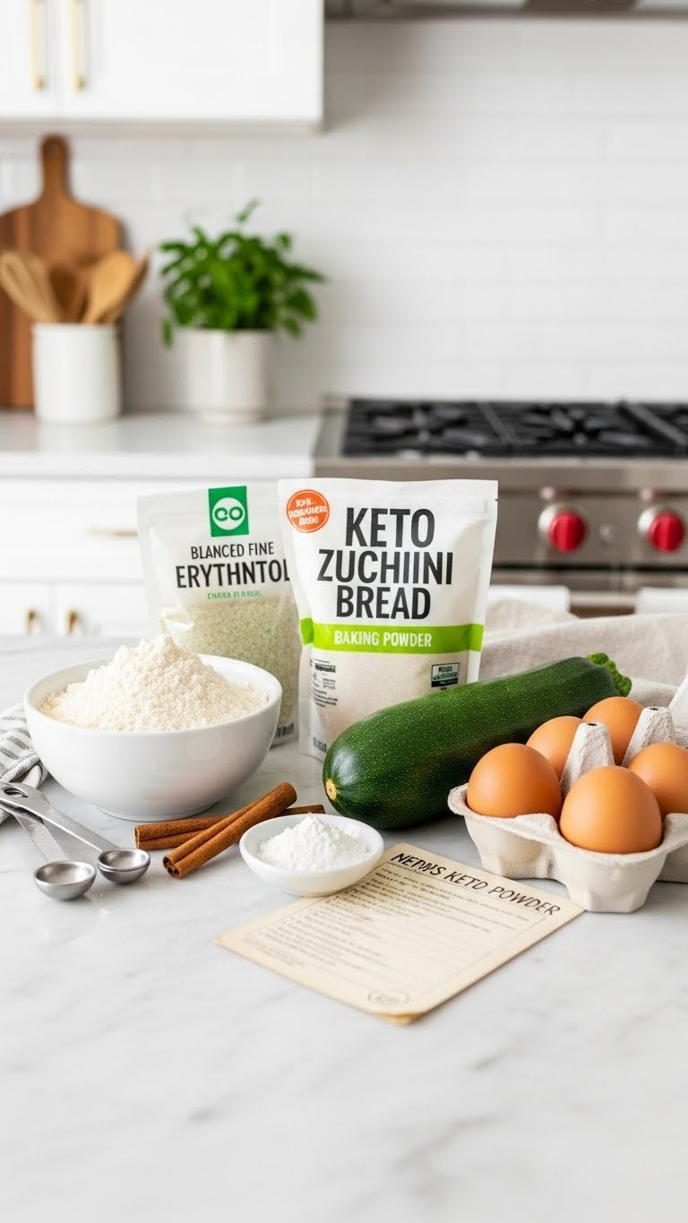 Top-Down Flat Lay Of Keto Zucchini Bread Ingredients Including Almond Flour, Erythritol, Cinnamon Sticks, Baking Powder, Fresh Zucchini And Eggs On Marble Countertop