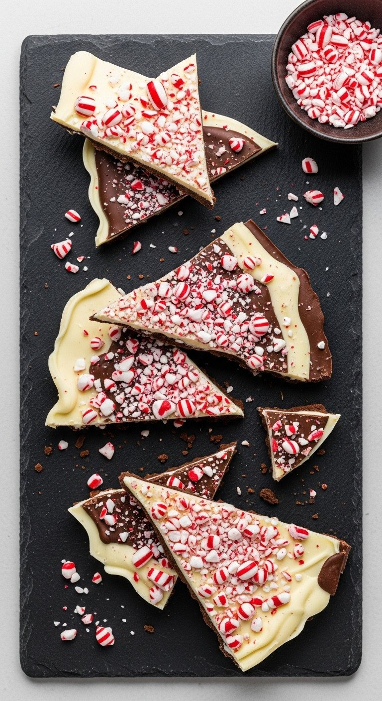 Top-Down Flat Lay Of Layered Peppermint Bark Pieces With Crushed Candy Canes On A Dark Slate Board For The Holidays.