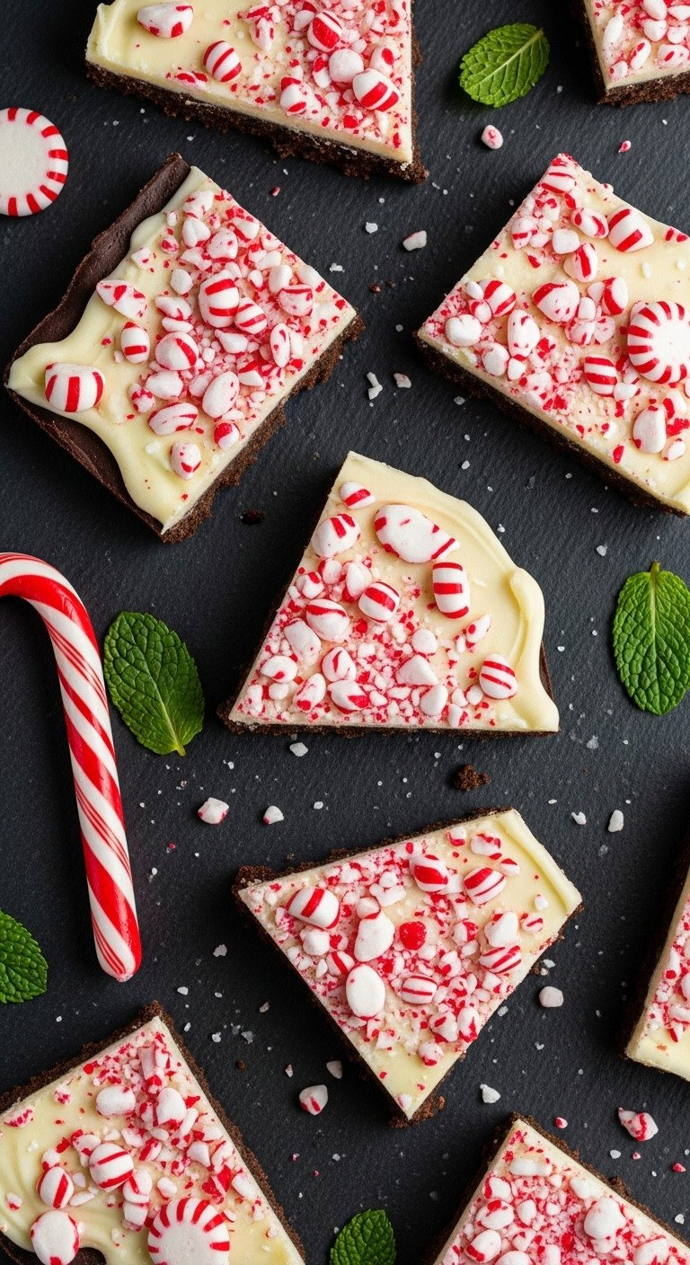 Top-Down Flat Lay Of Layered Peppermint Bark Pieces With Dark And White Chocolate, Topped With Crushed Peppermint Candy.