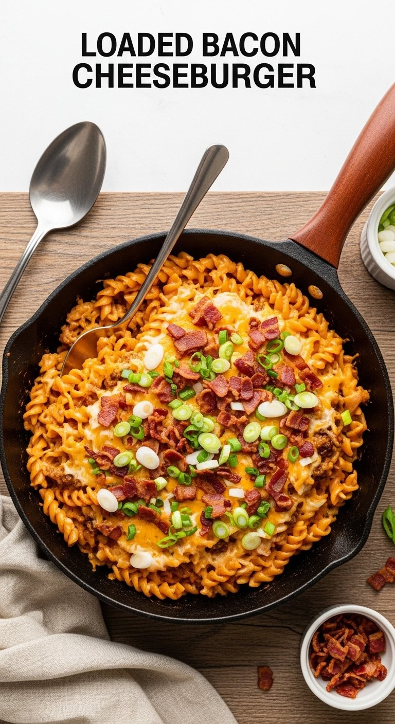 Top-Down Flat Lay Of Loaded Bacon Cheeseburger Pasta In A Skillet Garnished With Green Onions And Bacon.