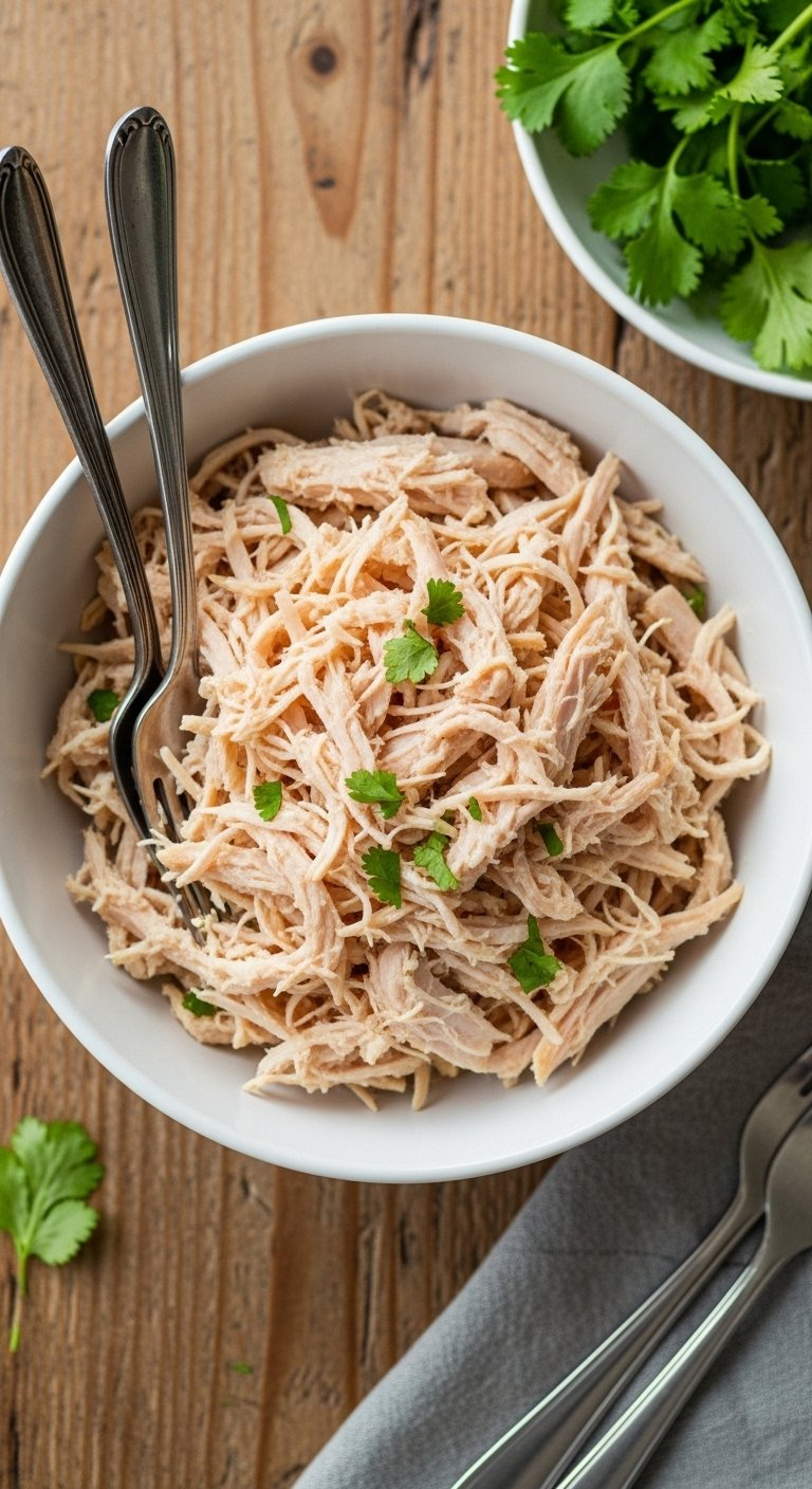 Top-Down Flat Lay Of Moist Shredded Chicken In A White Bowl On A Rustic Wooden Table With Forks And Cilantro.
