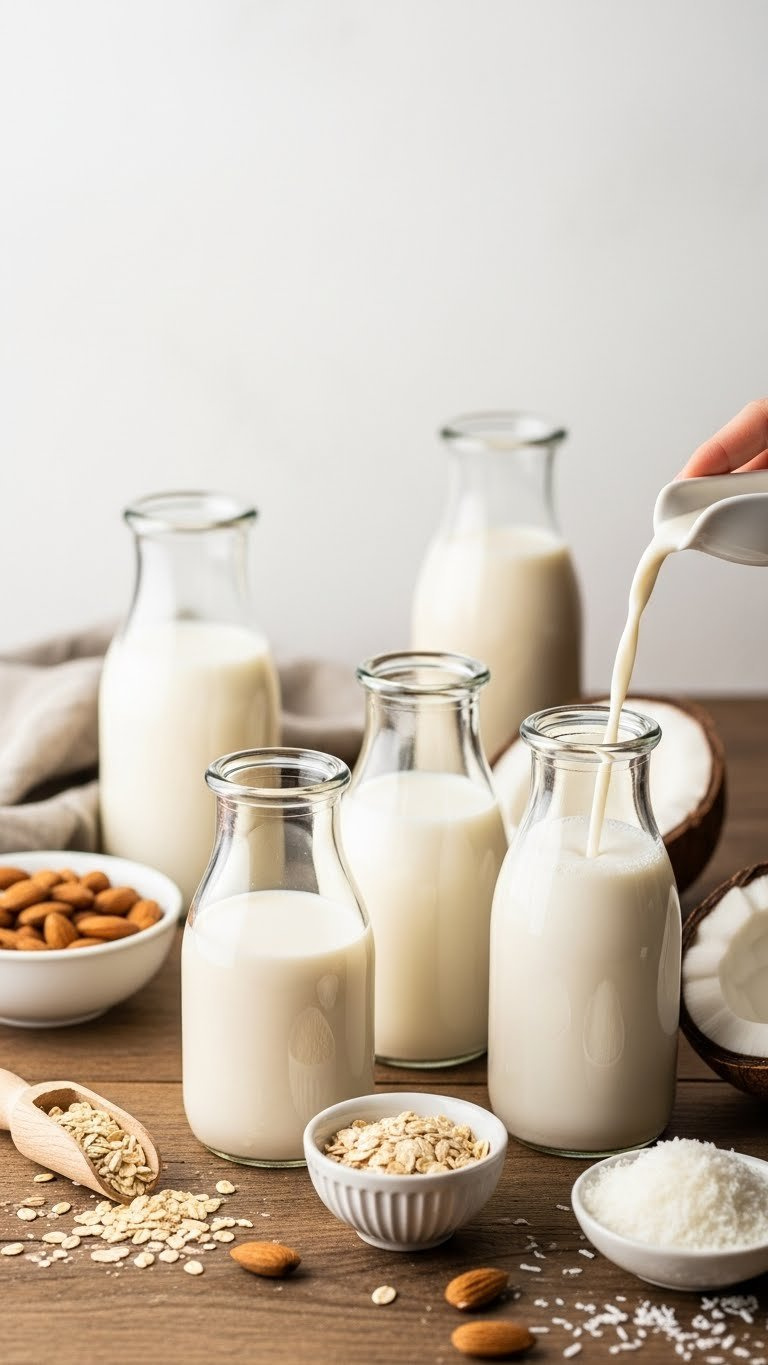 Top-Down Flat Lay Of Oat Milk, Almond Milk, And Coconut Milk In Glass Carafes Arranged On Rustic Wooden Table With Baking Ingredients